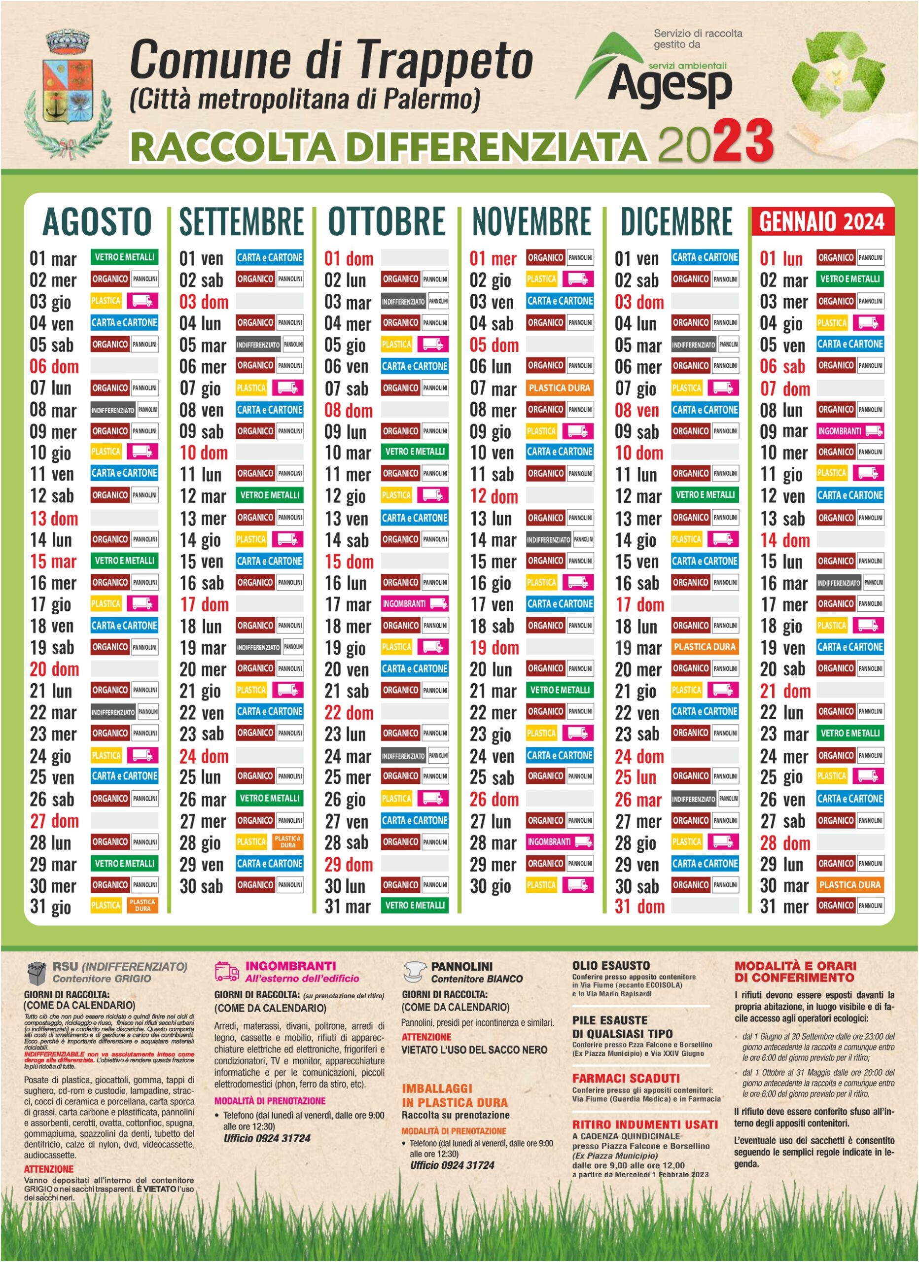 Nuovo Calendario Trappeto 2023 per la raccolta differenziata. Agesp s